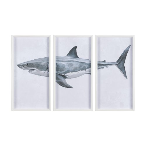 14904 - Great White Shark by Ariana a Triptych Hand Embellished Textured Framed Art Print Matted under Glass