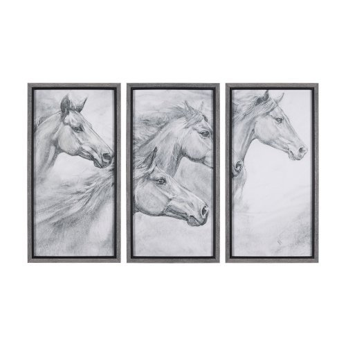 15025 - Running Horses (set of 3) by Mercana Studio a Hand Embellished Textured Framed Art Print