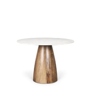 Allyson 42" Round Pedestal Dining Table | Banswara White Marble & Brown Wood | Seats 4