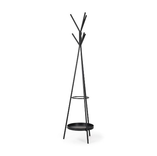 70522 - Everett Matte Black Metal w/ Two Metal Shelves Coat Rack