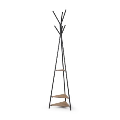 70523 - Everett Matte Black Metal w/ Two Wood Shelves Coat Rack