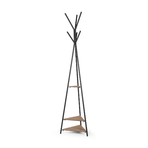 70523 - Everett Matte Black Metal w/ Two Wood Shelves Coat Rack