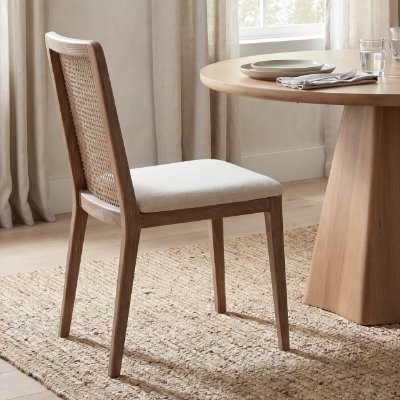 69349 - Clara Light Brown Wood W/ Cream Fabric Seat and Cane Back Armless Dining Chair