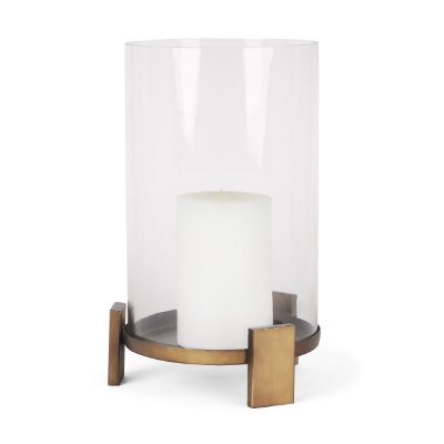70678 - Price Large Antiqued Gold Metal w/ Glass Hurricane Candle Holder