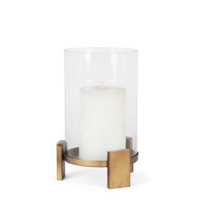 70679 - Price Small Antiqued Gold Metal w/ Glass Hurricane Candle Holder