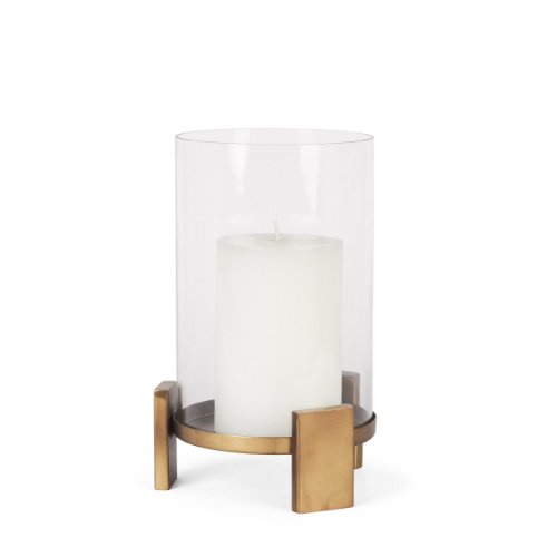 70679 - Price Small Antiqued Gold Metal w/ Glass Hurricane Candle Holder