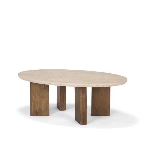 70879-AB - Syona Travertine + Mango Wood leg Oval Coffee table