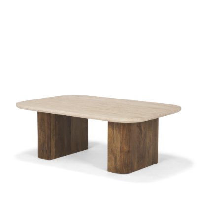 70880-AB - Symona Travertine and Mango Wood Rectangle Coffee Table