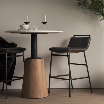 69928-AB - Maxwell 32" Round White Marble Tabletop w/ Blonde Wood & Black Metal Accent Pedestal Bistro Table
