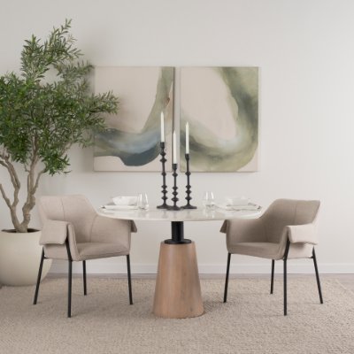 69366-AB - Maxwell 48L x 48W x 30H White Marble Round Top W/ Black Metal and Wood Pedestal Base Dining Table
