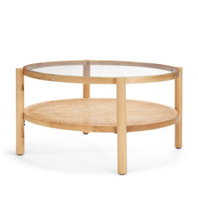 71045 - Weslyn Solid Light Brown Wood and Glass Top w/ Cane Coffee Table