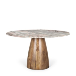 Allyson 54" Round Pedestal Dining Table | Savar Pink Marble & Brown Wood | Seats 6