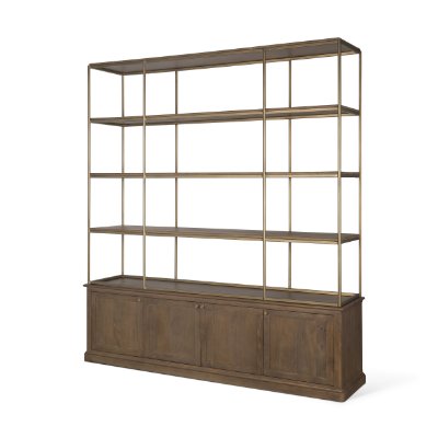 71114-AB - Baron 4-Door Dark Brown Wood w/ Antique Brass Metal Open Shelving Unit