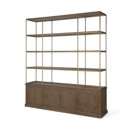 71114-AB - Baron 4-Door Dark Brown Wood w/ Antique Brass Metal Open Shelving Unit