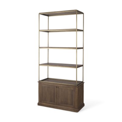 71118-AB - Baron Dark Brown Wood w/ Antiqued Aged Brass Metal 2-Door Open Shelving Unit