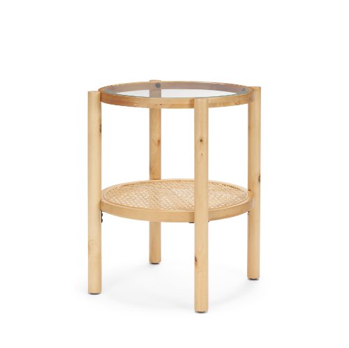 71044 - Weslyn Solid Light Brown Wood and Glass Top w/ Cane Side Table