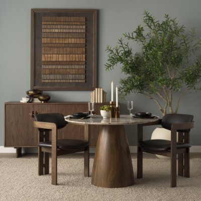 70564-AB - Allyson 42" Round Brown Wood Pedestal w/Savar Pink Marble Top Dining Table
