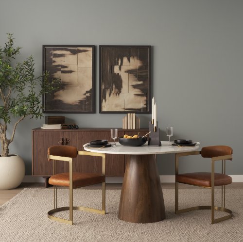 70565-AB - Allyson 48" Round Brown Wood Pedestal w/ White Marble Top Dining Table