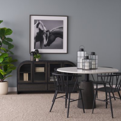 70781-AB - Maxwell 48" Round White Marble Top w/ Black Metal and Wood Pedestal Base Dining Table