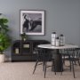 70781-AB - Maxwell 48" Round White Marble Top w/ Black Metal and Wood Pedestal Base Dining Table
