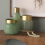 69552 - Minty Medium 8.7L x 8.7W x 12.4H Green Glass Vase W/Matte Gold Metal Neck Cuff
