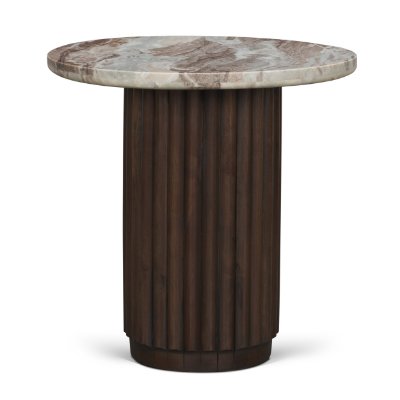71213-AB - Marbrello Pink Marble Top Espresso Brown Fluted Wood Round Side Table