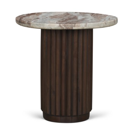 71213-AB - Marbrello Pink Marble Top Espresso Brown Fluted Wood Round Side Table