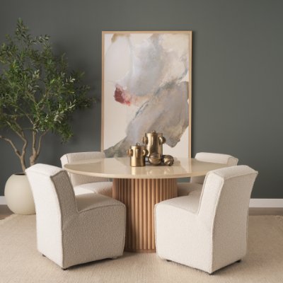 71216-AB - Marbrello 60" Botticino Marble Top Light Brown Fluted Wood Round Dining Table