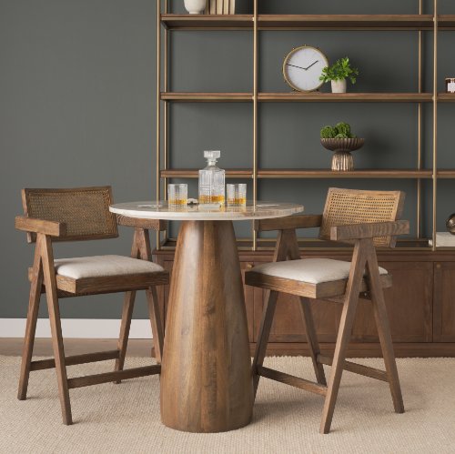 71134-AB - Allyson 32"  Round Medium Brown Wood w/Savar Pink Marble Top Bistro Table