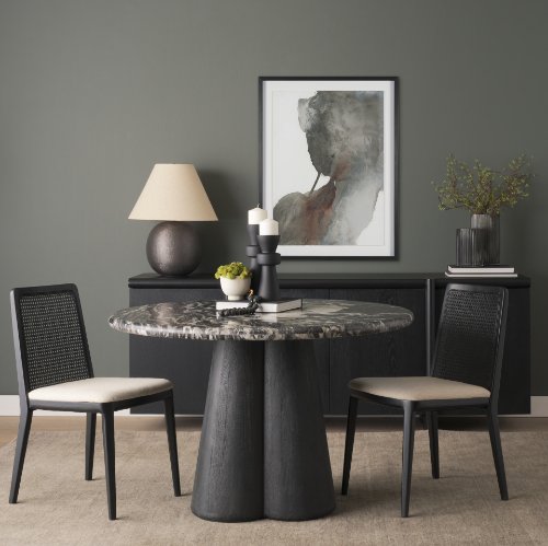 71221-AB - Marilyn 48" Black Forest Marble Black Wood Pedestal Round Dining Table