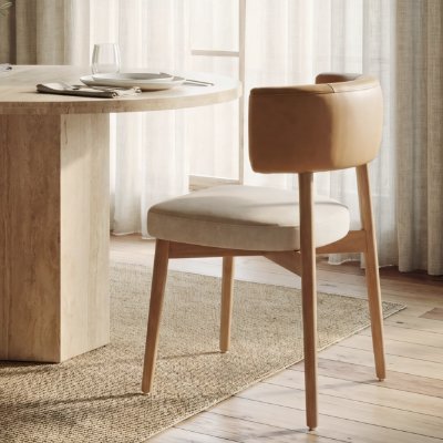 71261 - Motley Curved Open Back Cream Fabric and Tan Leather Dining Chair