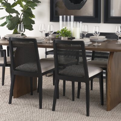 69350V - Clara Black Beech Wood W/ Cream Fabric Seat and Cane Back Armless Dining Chair