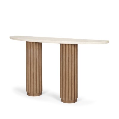 71286-AB - Marbrello Botticino Marble Top Light Brown Fluted Wood Half Moon Console Table