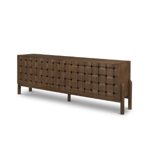 Trellyn Dark Brown Solid Wood 4-Door w/ Carved Woven Doors Closed Sideboard