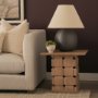 71295 - Trellyn Light Brown Wood w/ Carved Woven Base Square Accent Table