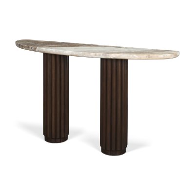 71287-AB - Marbrello Pink Marble Top Dark Brown Fluted Wood Half Moon Console Table Top