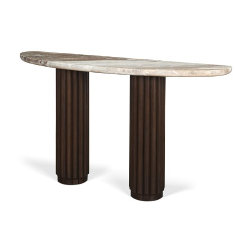 71287-AB - Marbrello Pink Marble Top Dark Brown Fluted Wood Half Moon Console Table Top