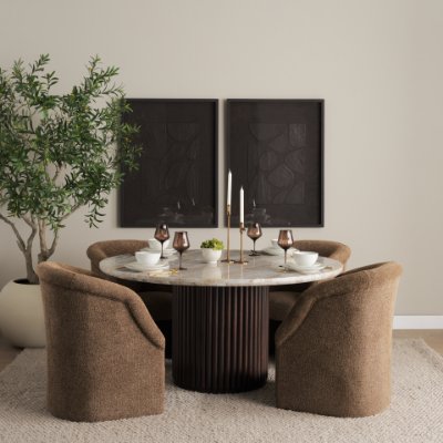71215-AB - Marbrello 60" Pink Marble Top Espresso Brown Fluted Wood Round Dining Table