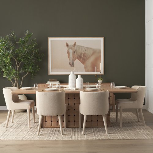 71291-AB - Trellyn 94" Light Brown Solid Wood Carved Woven Base Rectangular Dining Table