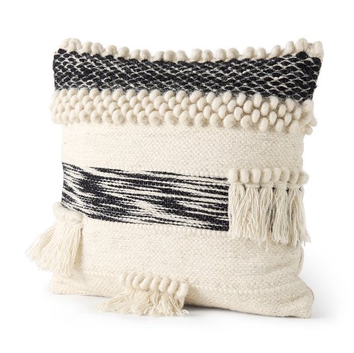 68391-CFD - Beardell 18x18 Cream And Black w/Tassels Pillow Cover w/Down Filler