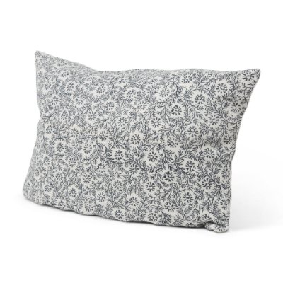 70318-CFD - Jayne 14x26 Cream w/ Indigo Print Linen Lumbar Pillow Cover w/Filler