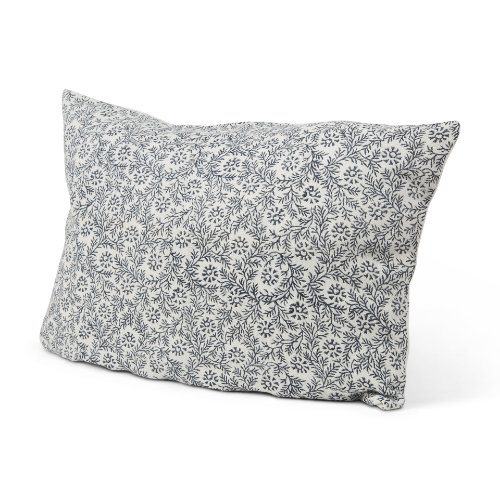 70318-CFD - Jayne 14x26 Cream w/ Indigo Print Linen Lumbar Pillow Cover w/Filler