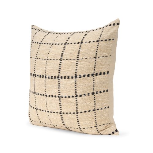 71086-CFD - Jaela 22x22 Beige/Black Striped Checkered Square Throw Pillow Cover w/Down Filler