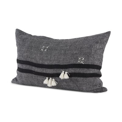 69418-CFNA - Sibyl 13x21 Black Fabric Striped and White Fringed Pillow Cover w/Non-Allergen Filler