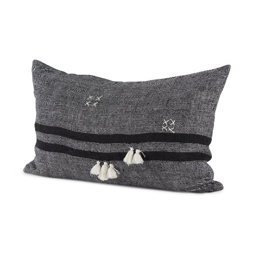 69418-CFNA - Sibyl 13x21 Black Fabric Striped and White Fringed Pillow Cover w/Non-Allergen Filler