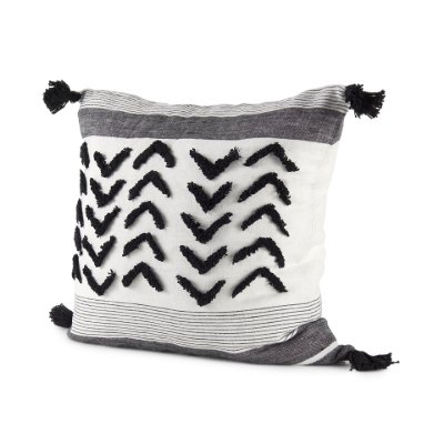 69439-CFNA - Kimia 20x20 White/Black Fabric Fringed Pillow Cover w/Non-Allergen Filler