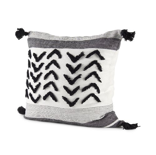 69439-CFNA - Kimia 20x20 White/Black Fabric Fringed Pillow Cover w/Non-Allergen Filler
