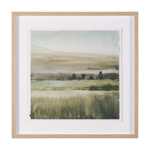 15516-DS - Rolling Fields II Hand Embellished Brown Framed Watercolor Art Print on Paper Mounted with Backing