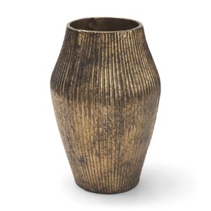 Patine Wide Antiqued Brass Metal Fluted Decorative Vase