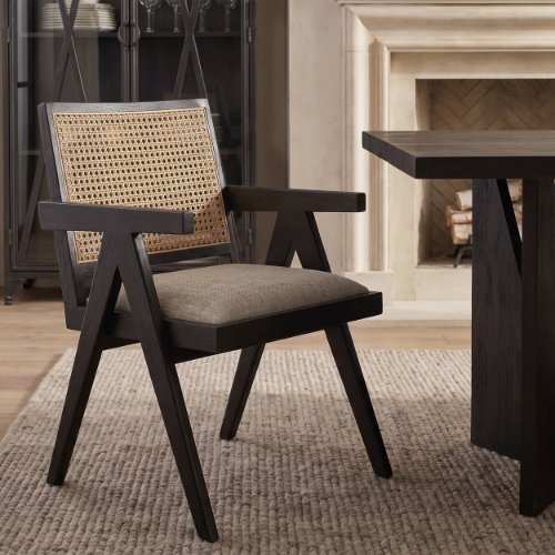 69991 - Donna Cane Back Dining Side Chair | Natural Linen w/ Black Wood